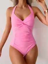 Women's Ruched Solid V-Neck One-Piece Swimsuit