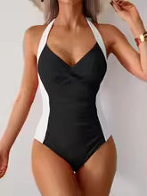 Women's Ruched Solid V-Neck One-Piece Swimsuit