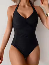 Women's Ruched Solid V-Neck One-Piece Swimsuit