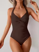 Women's Ruched Solid V-Neck One-Piece Swimsuit