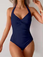 Women's Ruched Solid V-Neck One-Piece Swimsuit