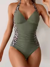 Women's Ruched Solid V-Neck One-Piece Swimsuit