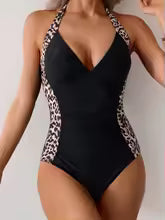 Women's Ruched Solid V-Neck One-Piece Swimsuit