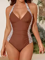 Women's Ruched Solid V-Neck One-Piece Swimsuit