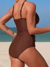 Women's Ruched Solid V-Neck One-Piece Swimsuit