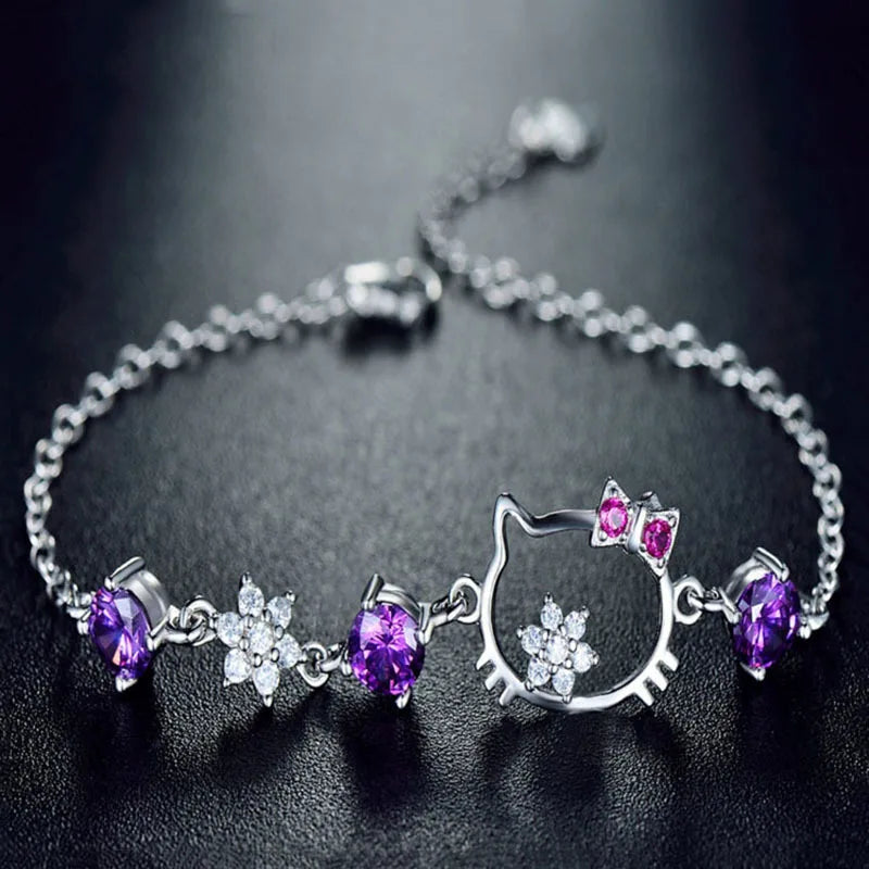 Hello Kitty charm bracelet close up showing cubic zirconia jewelry detail