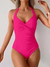 Women's Ruched Solid V-Neck One-Piece Swimsuit