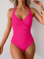 Women's Ruched Solid V-Neck One-Piece Swimsuit
