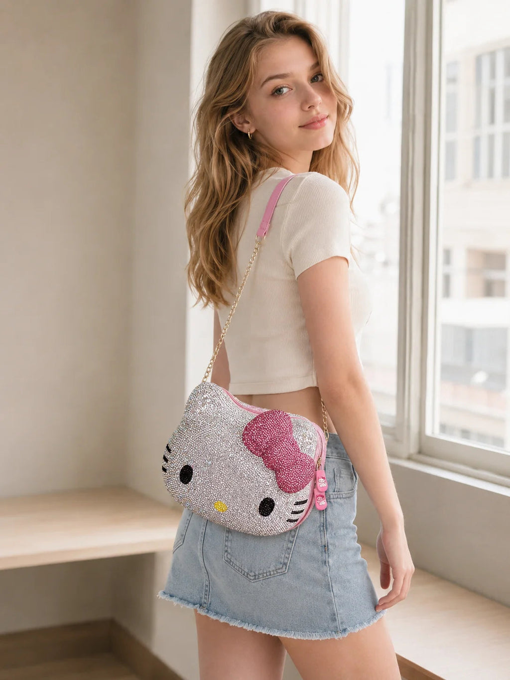 hello kitty rhinestone crossbody bag for women sanrio chain shoulder purse