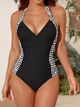 Women's Ruched Solid V-Neck One-Piece Swimsuit