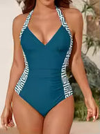 Women's Ruched Solid V-Neck One-Piece Swimsuit