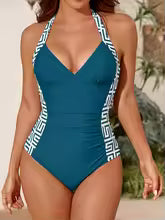 Women's Ruched Solid V-Neck One-Piece Swimsuit