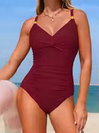 Women's Ruched Solid V-Neck One-Piece Swimsuit