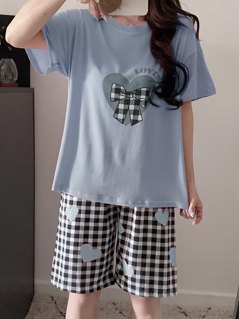 Women's Bow Tie Heart Print Pajama Set