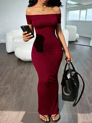 Women's Solid Color Off-Shoulder Short Sleeve Dress