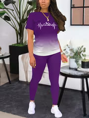 Women's Gradient Letter Print Set, Short Sleeve & Long Pants