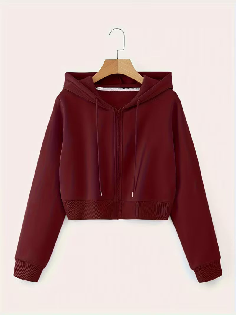 Women's Solid Color Hooded Zip-Up Sweatshirt