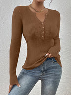 Women's Henley Collar Half-Button Striped Sweater