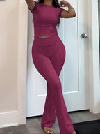 Women's Crew Neck Top & Flared Pants Set