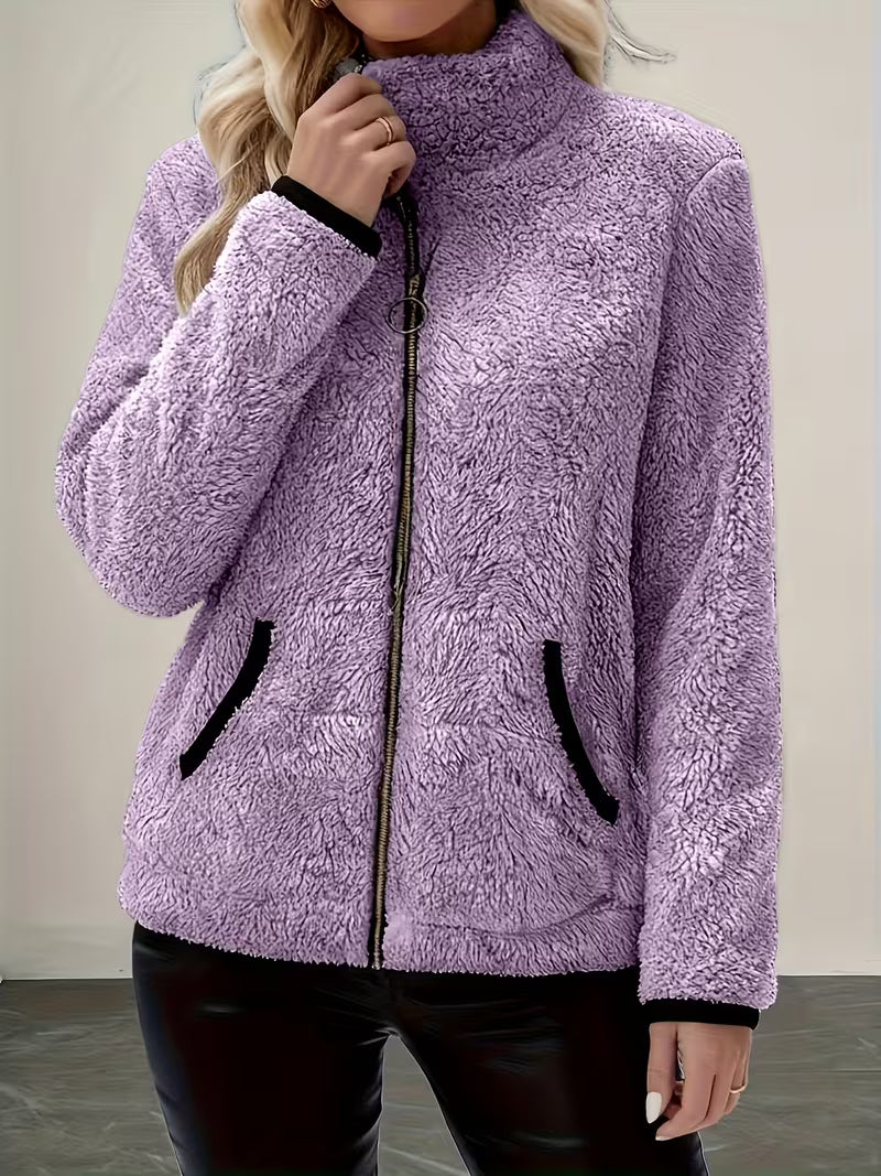 Women's Contrast Color Plush Zipper Casual Jacket