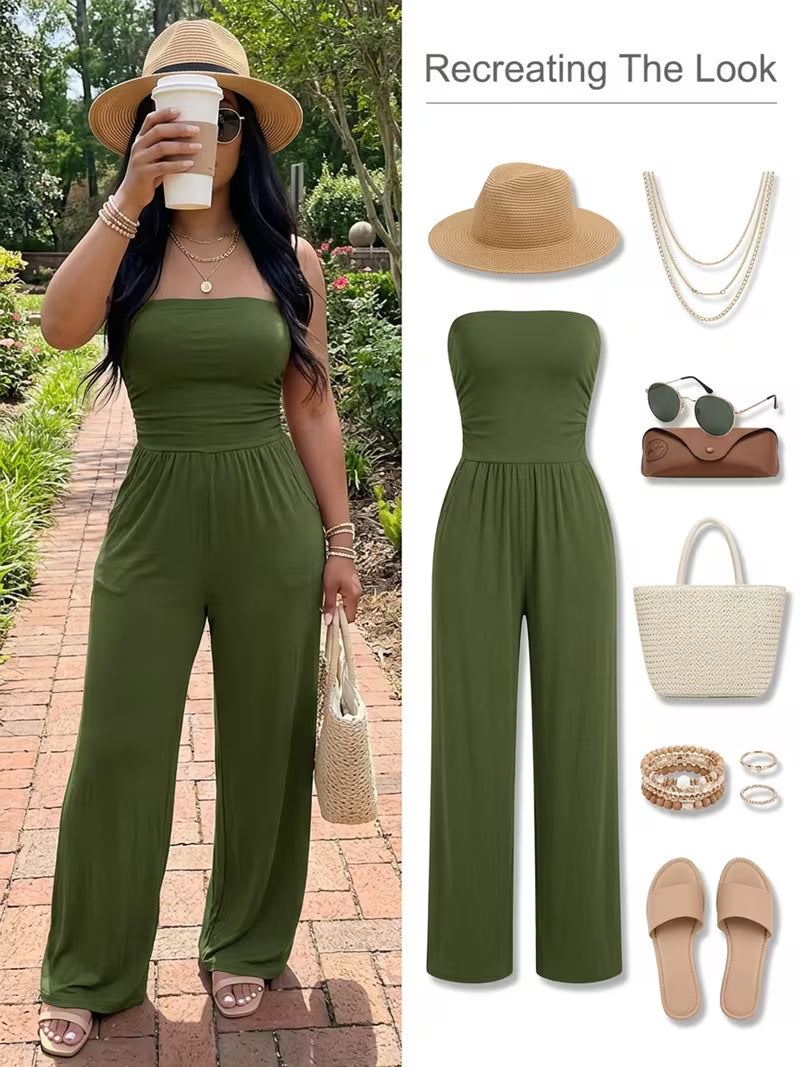 Women's Printed Tube Top Straight-Leg Jumpsuit