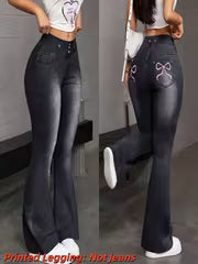 Women's Printed Faux Denim Flared Pants