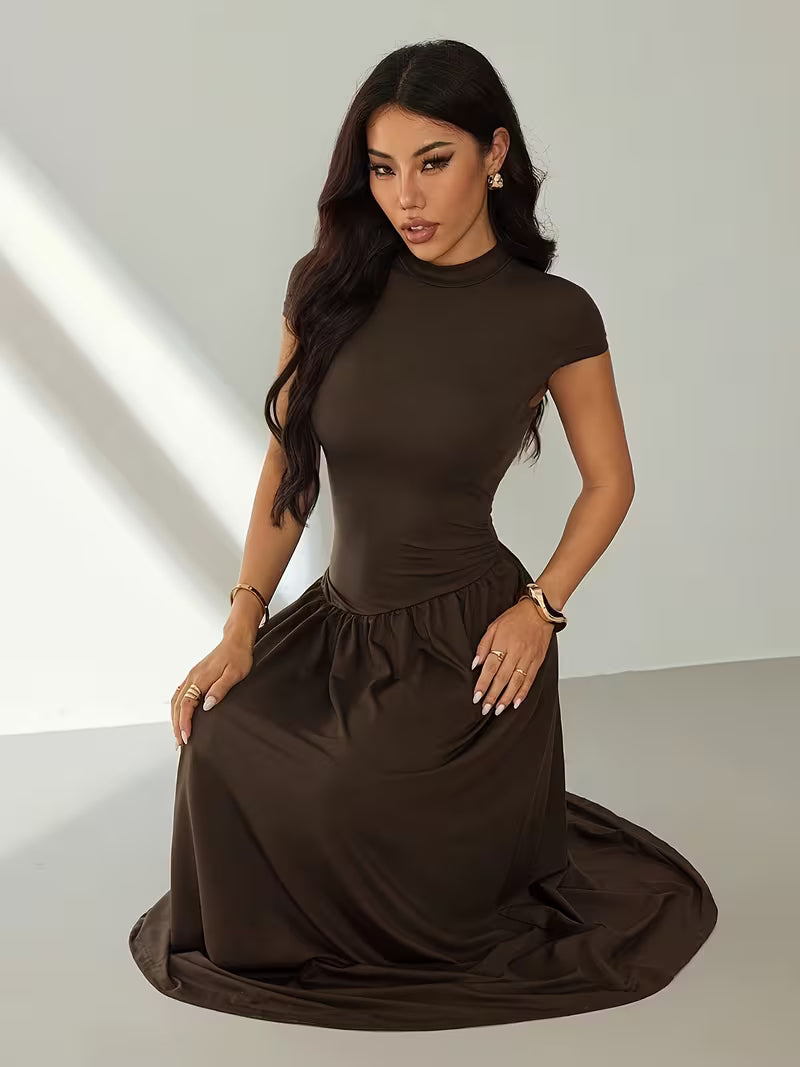 Women's Stand Collar Puff Sleeve Pleated Summer Dress