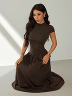 Women's Stand Collar Puff Sleeve Pleated Summer Dress