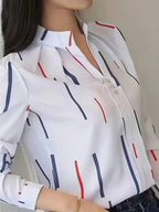 Women's Striped Long-Sleeve Shirt with Stand Collar