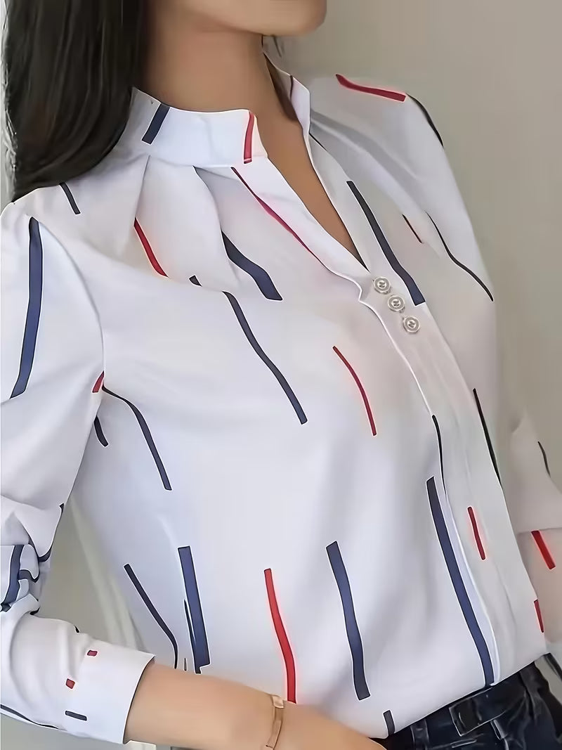 Women's Striped Long-Sleeve Shirt with Stand Collar