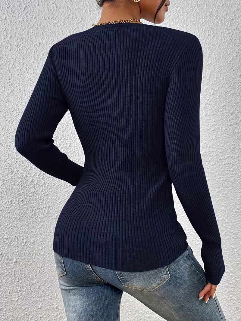 Women's Henley Collar Half-Button Striped Sweater