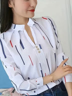 Women's Striped Long-Sleeve Shirt with Stand Collar