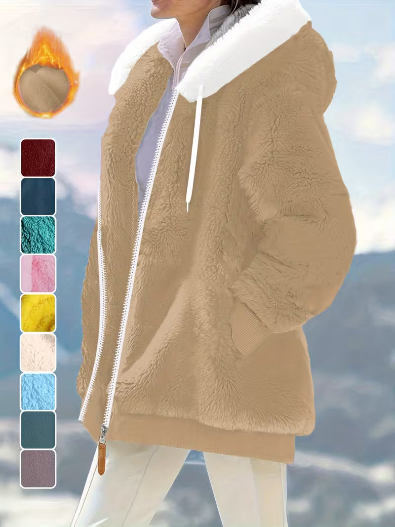 Women's Plus Size Plush Fleece Zip-Up Hooded Jacket