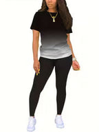 Women's Gradient Letter Print Set, Short Sleeve & Long Pants