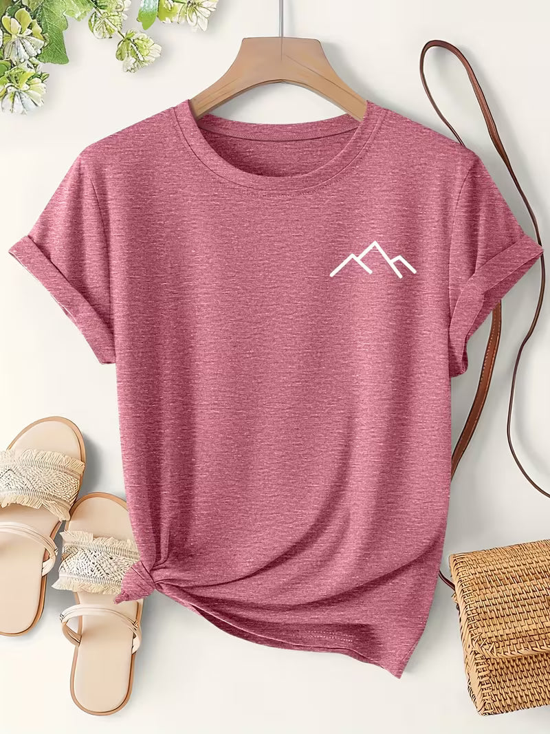 Women's Mountain Print Casual T-Shirt, Short Sleeve