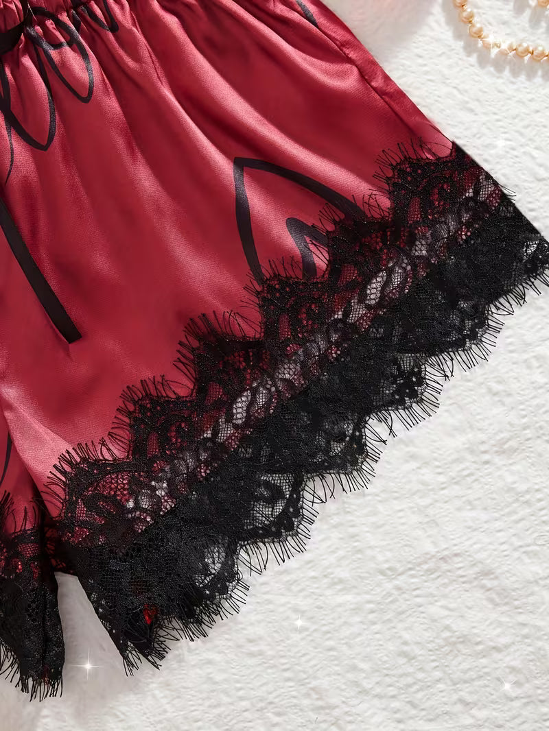 Women's Contrast Lace Letter Print Pajama Set