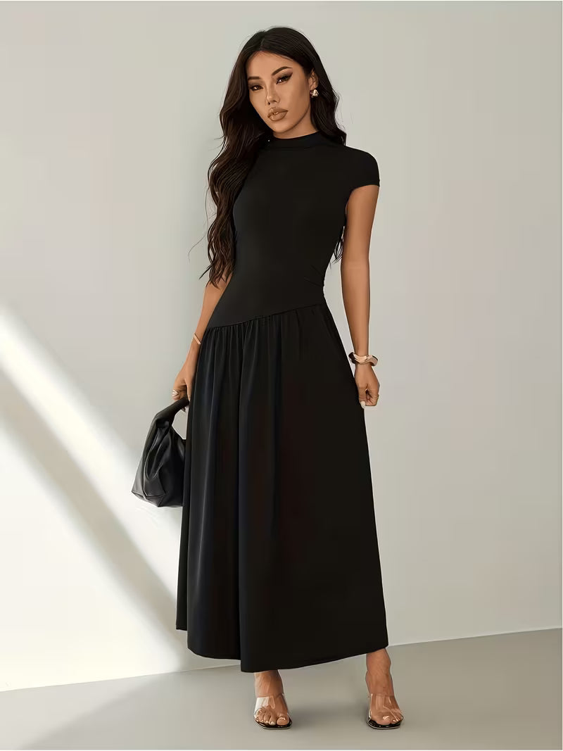 Women's Stand Collar Puff Sleeve Pleated Summer Dress