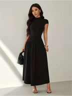 Women's Stand Collar Puff Sleeve Pleated Summer Dress