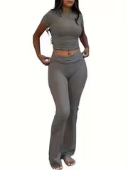 Women's Crew Neck Top & Flared Pants Set