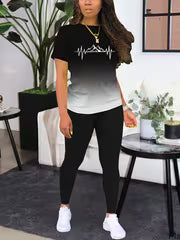 Women's Gradient Letter Print Set, Short Sleeve & Long Pants