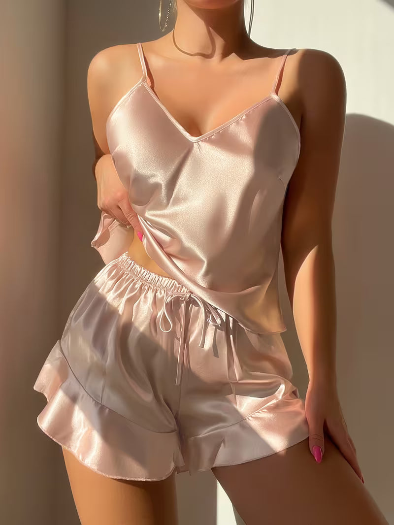 Women's Solid Color Ruffle V-Neck Pajama Set