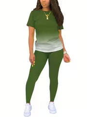 Women's Gradient Letter Print Set, Short Sleeve & Long Pants
