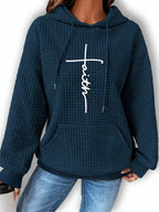 Women's Waffle Knit Graphic Print Kangaroo Pocket Hoodie