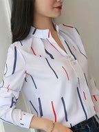 Women's Striped Long-Sleeve Shirt with Stand Collar