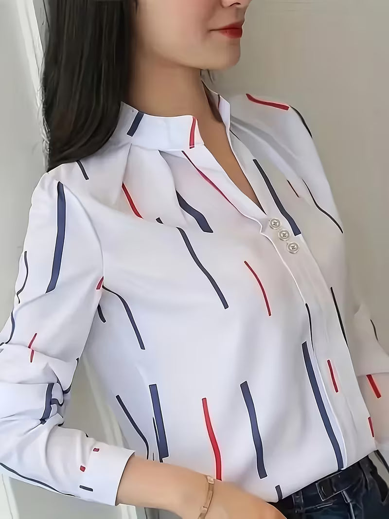 Women's Striped Long-Sleeve Shirt with Stand Collar