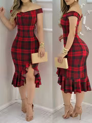 Women's Plaid Print Ruffle Hem Dress