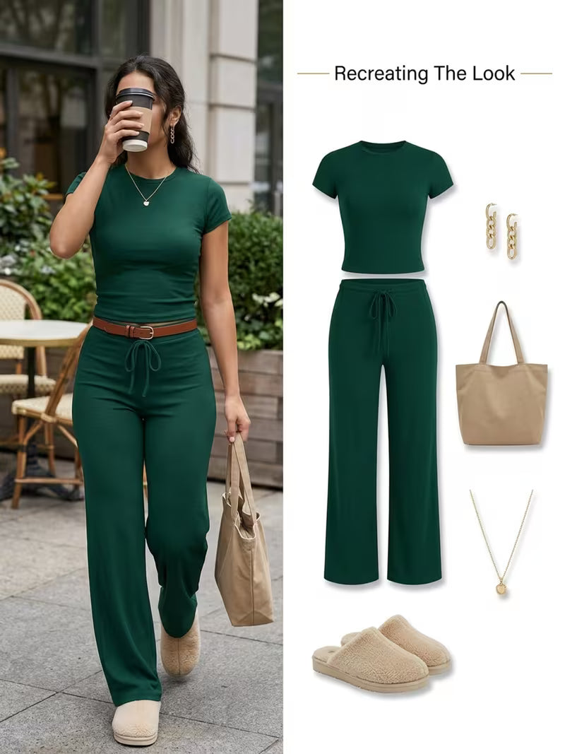 Women's Short Sleeve Top & Wide-Leg Pants Set
