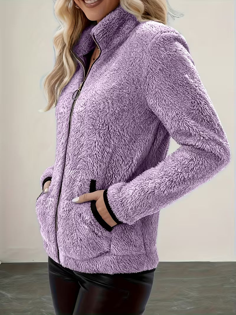 Women's Contrast Color Plush Zipper Casual Jacket
