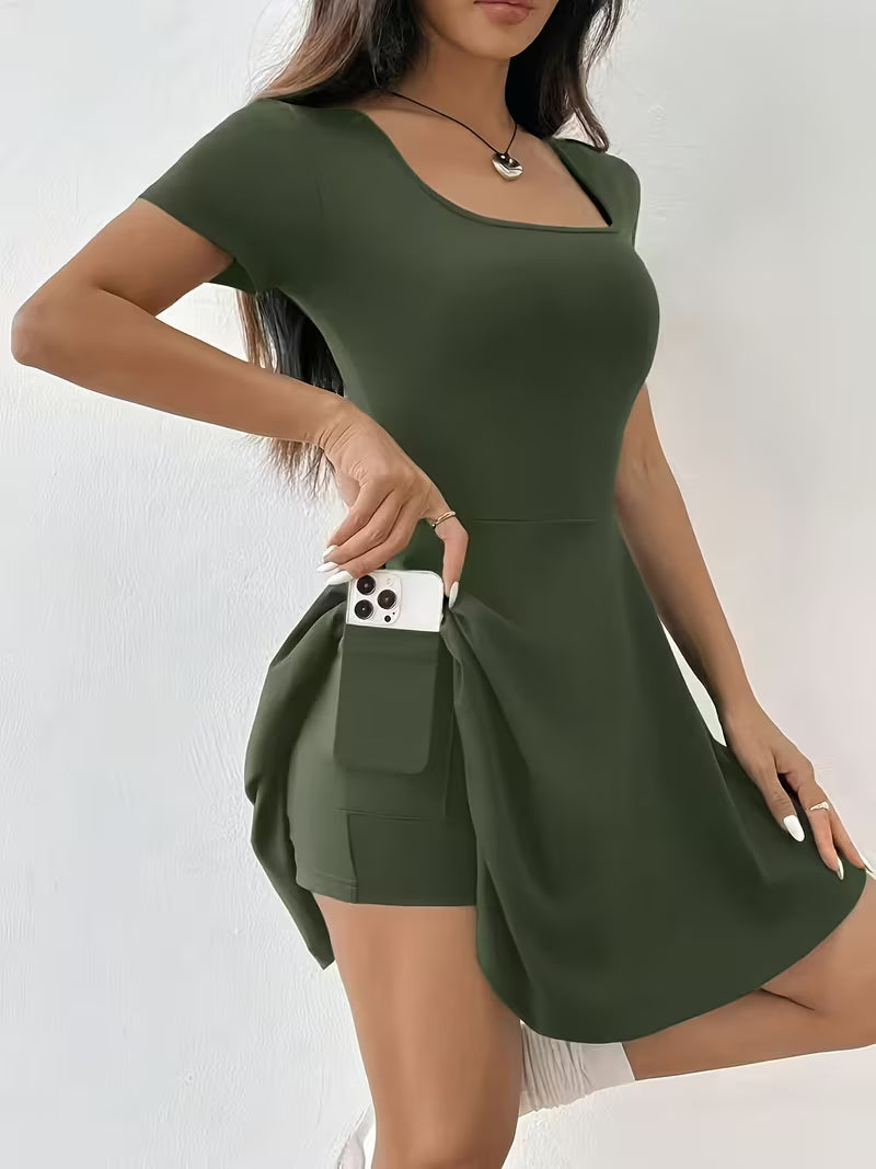 Women's Solid Color Square Neck Short Sleeve Dress