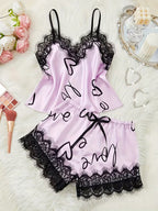 Women's Contrast Lace Letter Print Pajama Set